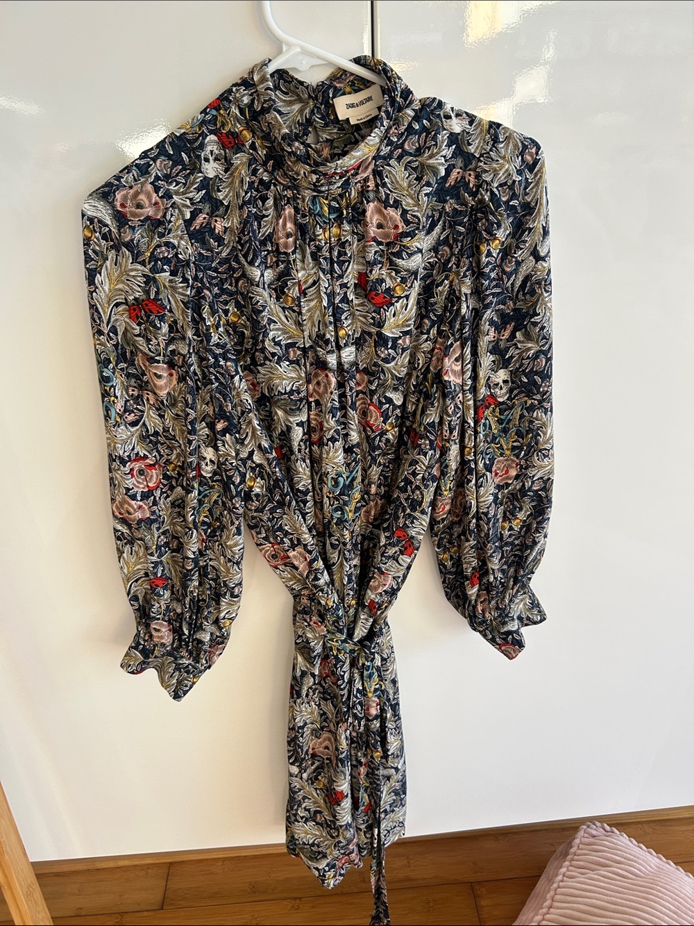 Zadig & Voltaire Cool Navy Floral Skull High Neck Tie-Waist Above Knee Dress